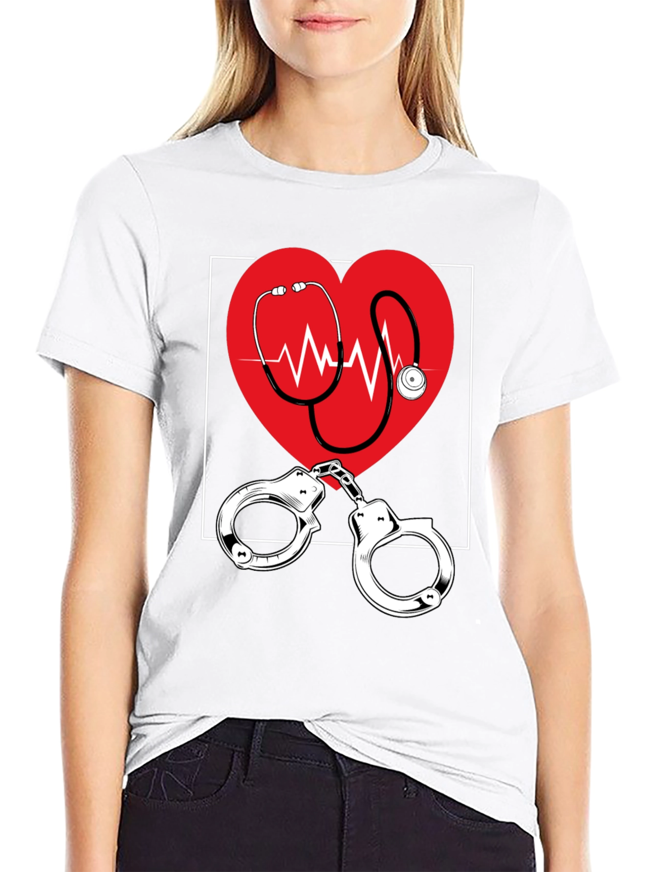 Medical Love T-Shirt - Heartbeat Stethoscope & Handcuffs Design