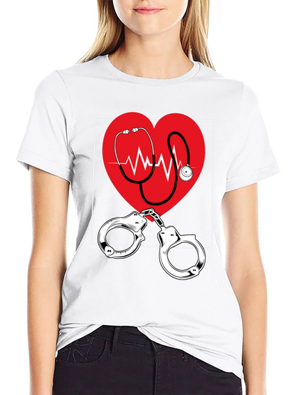 Medical Love T-Shirt - Heartbeat Stethoscope & Handcuffs Design