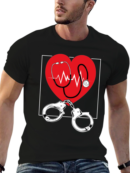 Medical Love T-Shirt - Heartbeat Stethoscope & Handcuffs Design