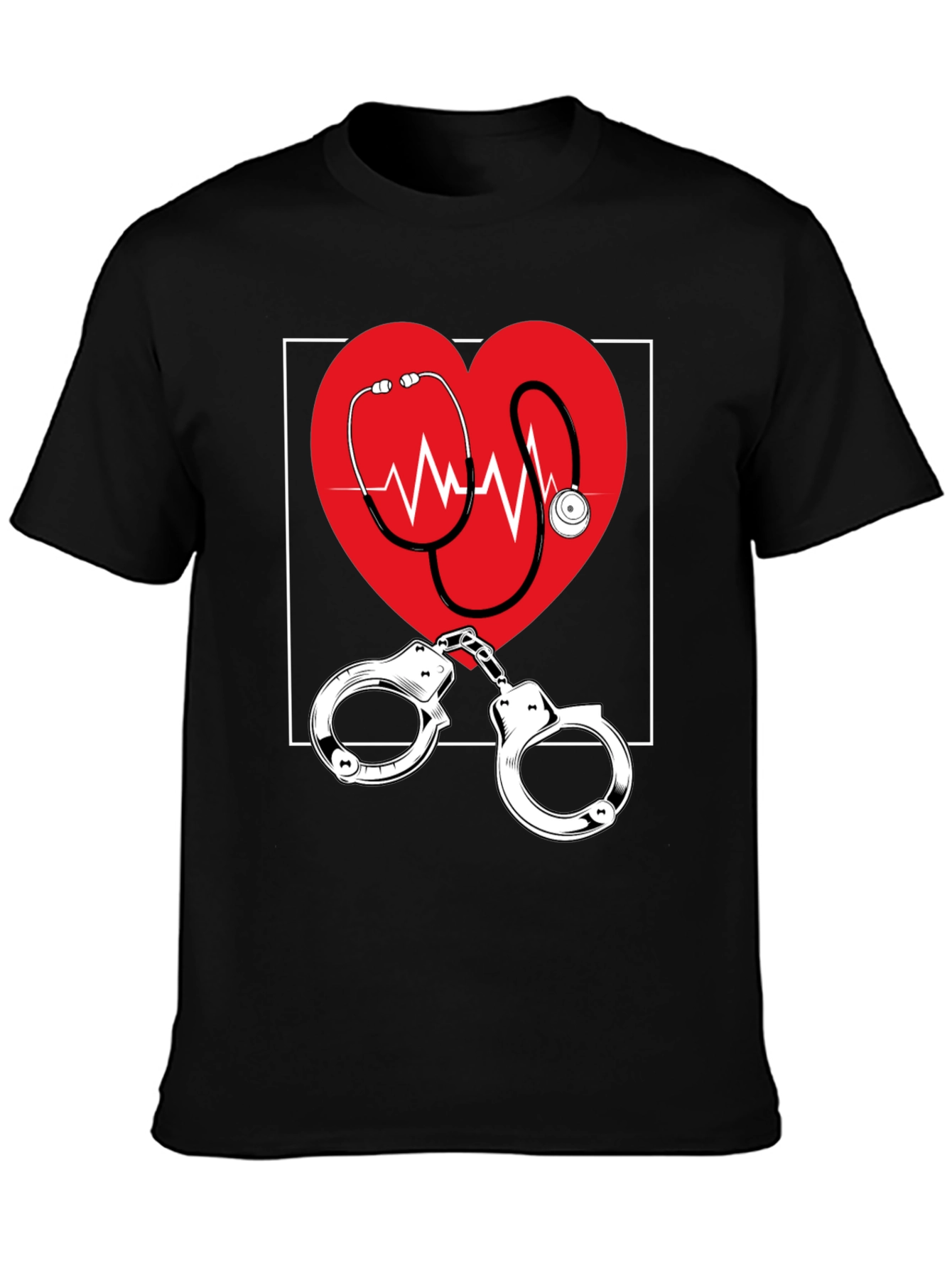 Medical Love T-Shirt - Heartbeat Stethoscope & Handcuffs Design