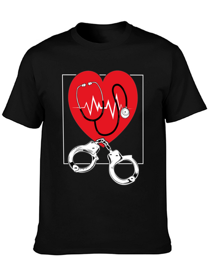 Medical Love T-Shirt - Heartbeat Stethoscope & Handcuffs Design