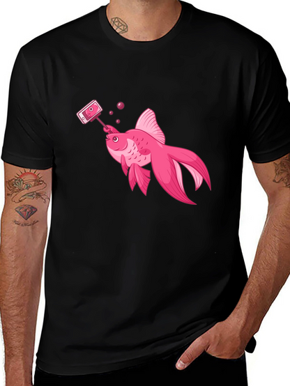 Pink Goldfish Taking Selfie Black T-Shirt