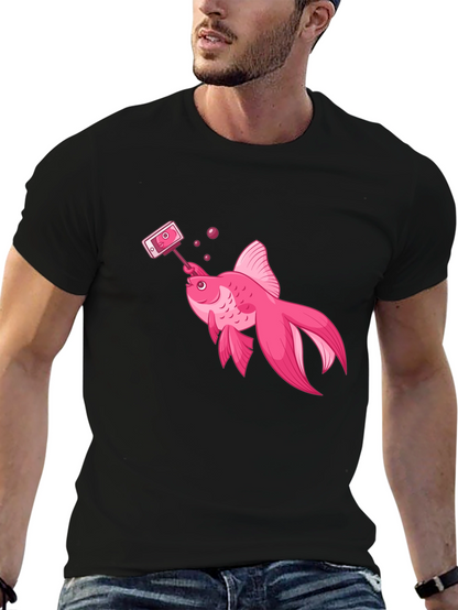 Pink Goldfish Taking Selfie Black T-Shirt