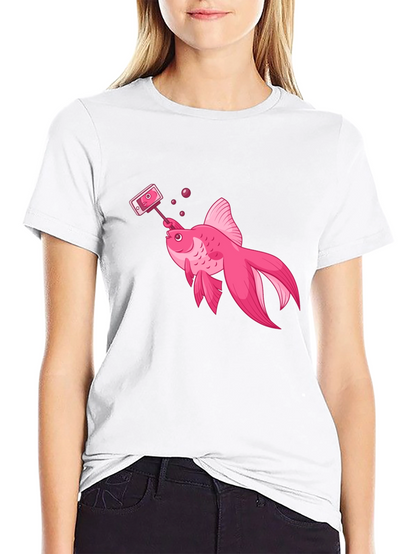 Pink Goldfish Taking Selfie Black T-Shirt