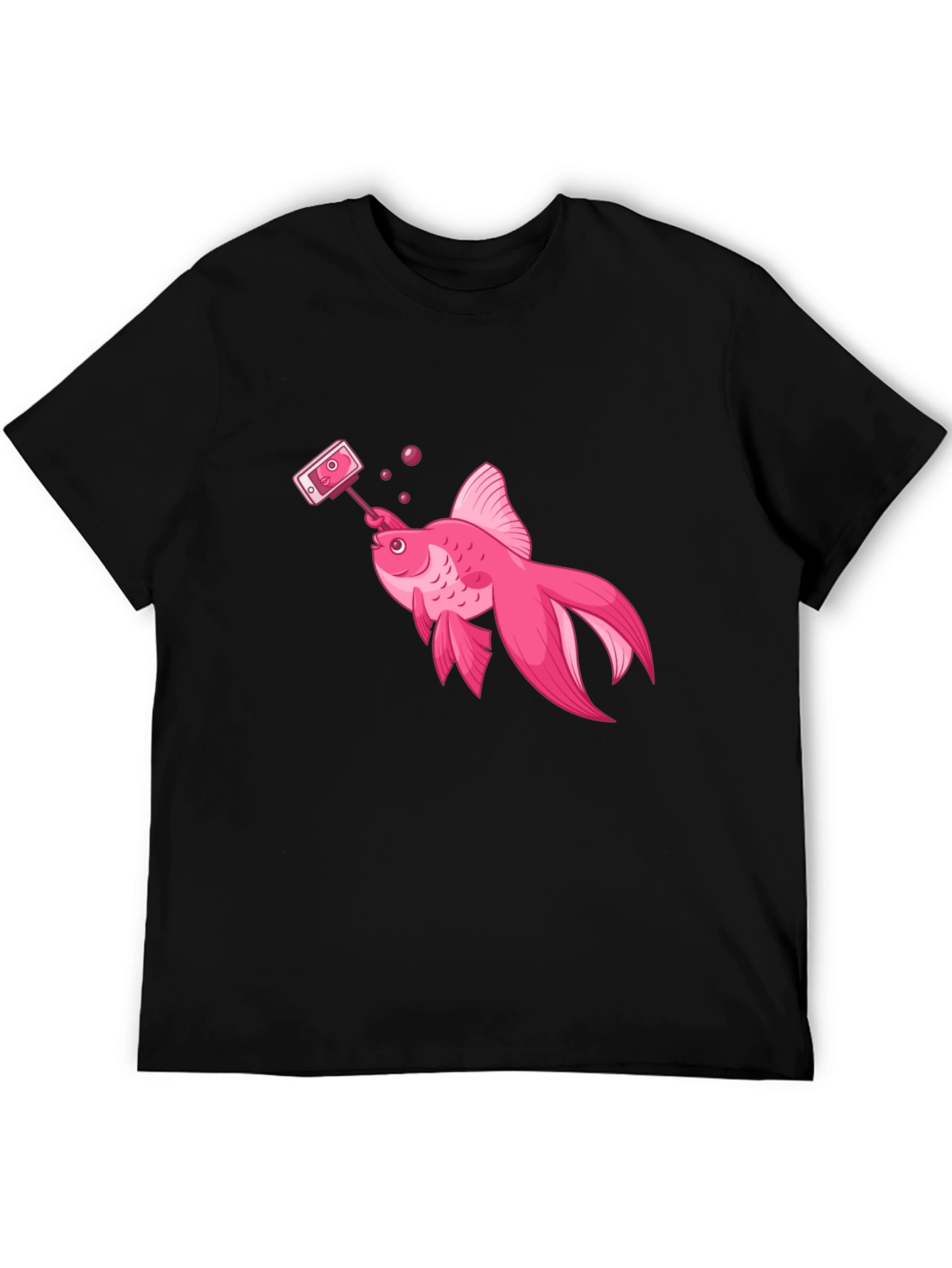Pink Goldfish Taking Selfie Black T-Shirt
