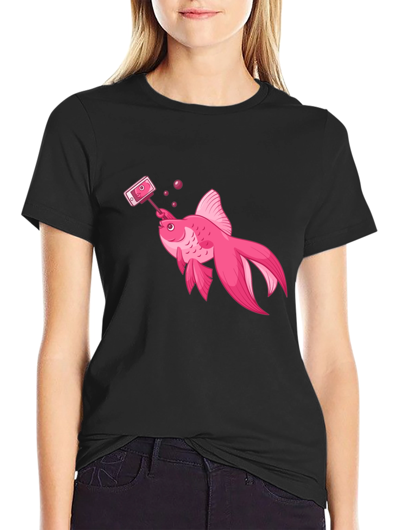 Pink Goldfish Taking Selfie Black T-Shirt