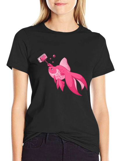 Pink Goldfish Taking Selfie Black T-Shirt