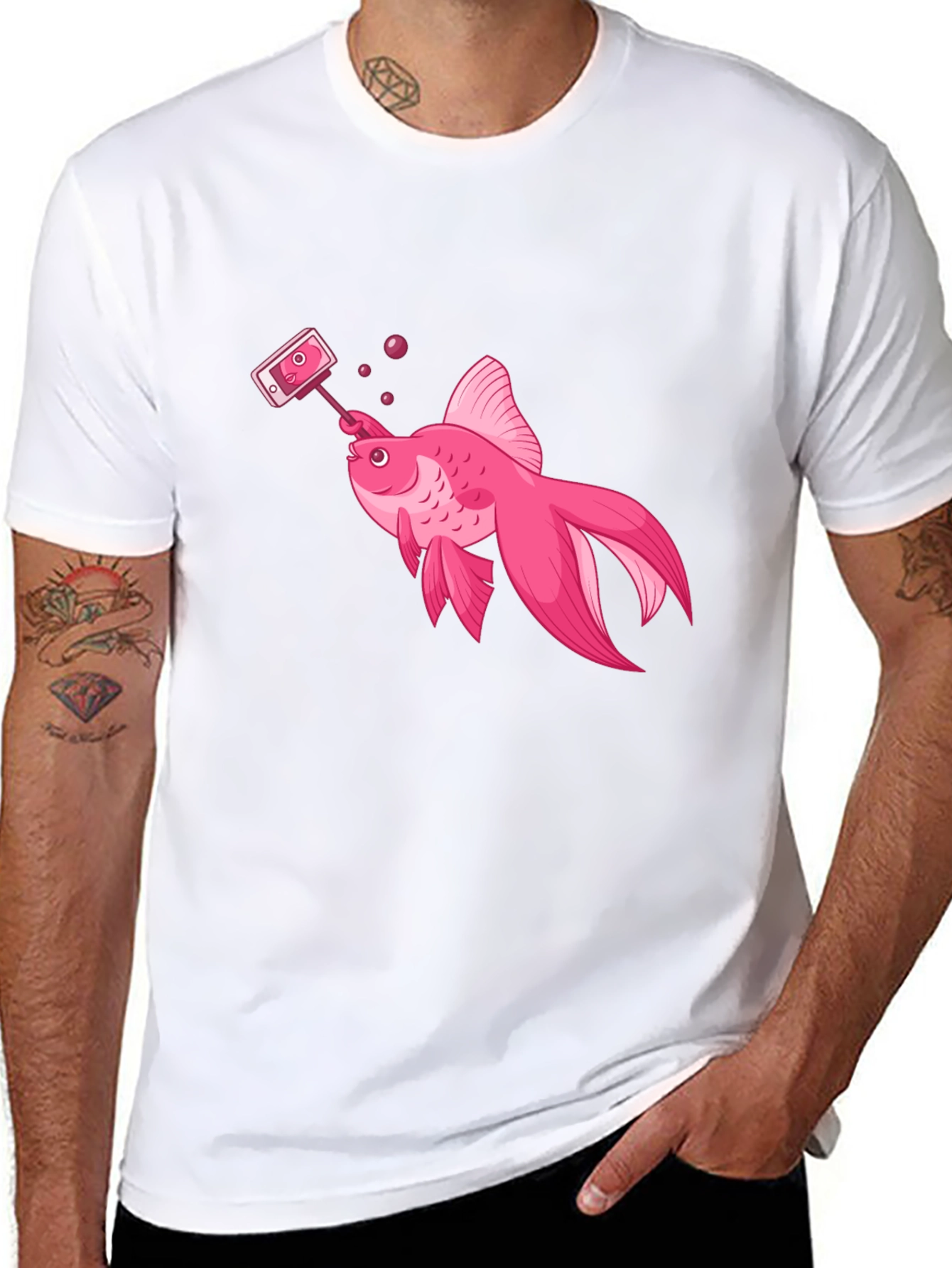 Pink Goldfish Taking Selfie Black T-Shirt