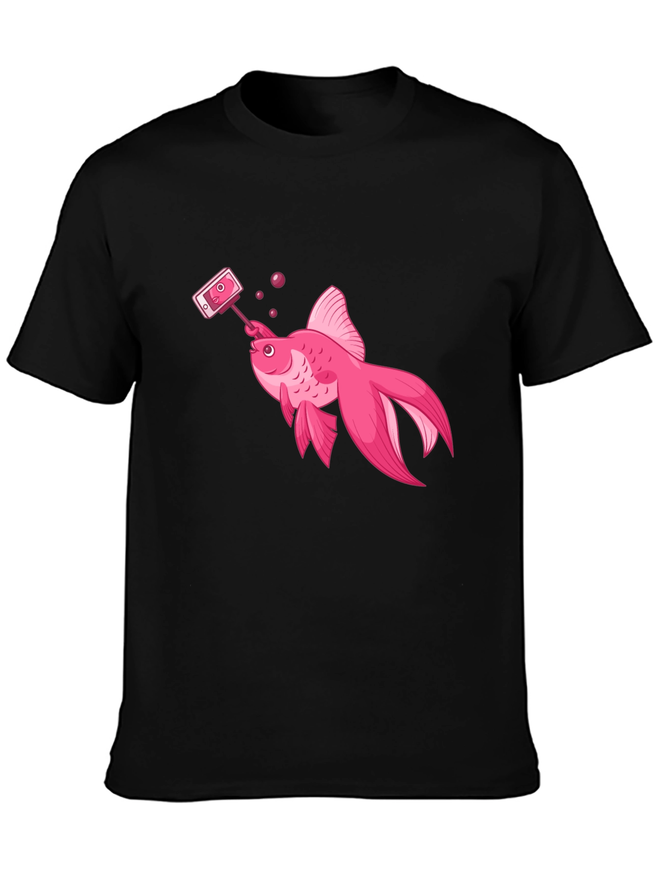 Pink Goldfish Taking Selfie Black T-Shirt