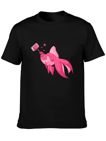 Pink Goldfish Taking Selfie Black T-Shirt