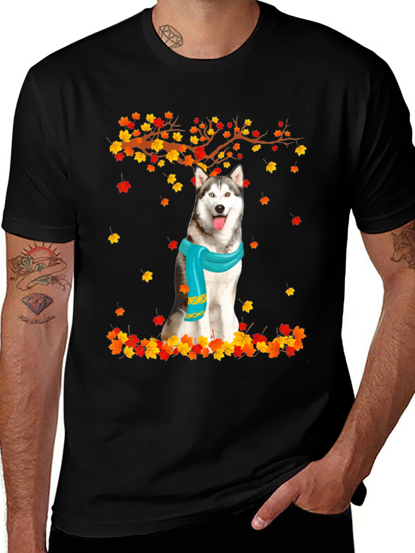 Husky Autumn Leaves Graphic T-Shirt