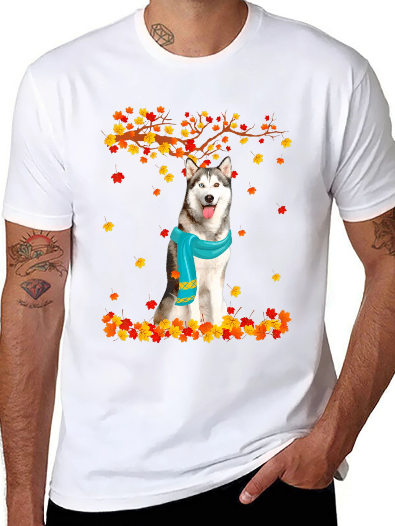 Husky Autumn Leaves Graphic T-Shirt