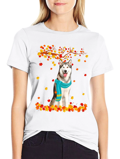Husky Autumn Leaves Graphic T-Shirt