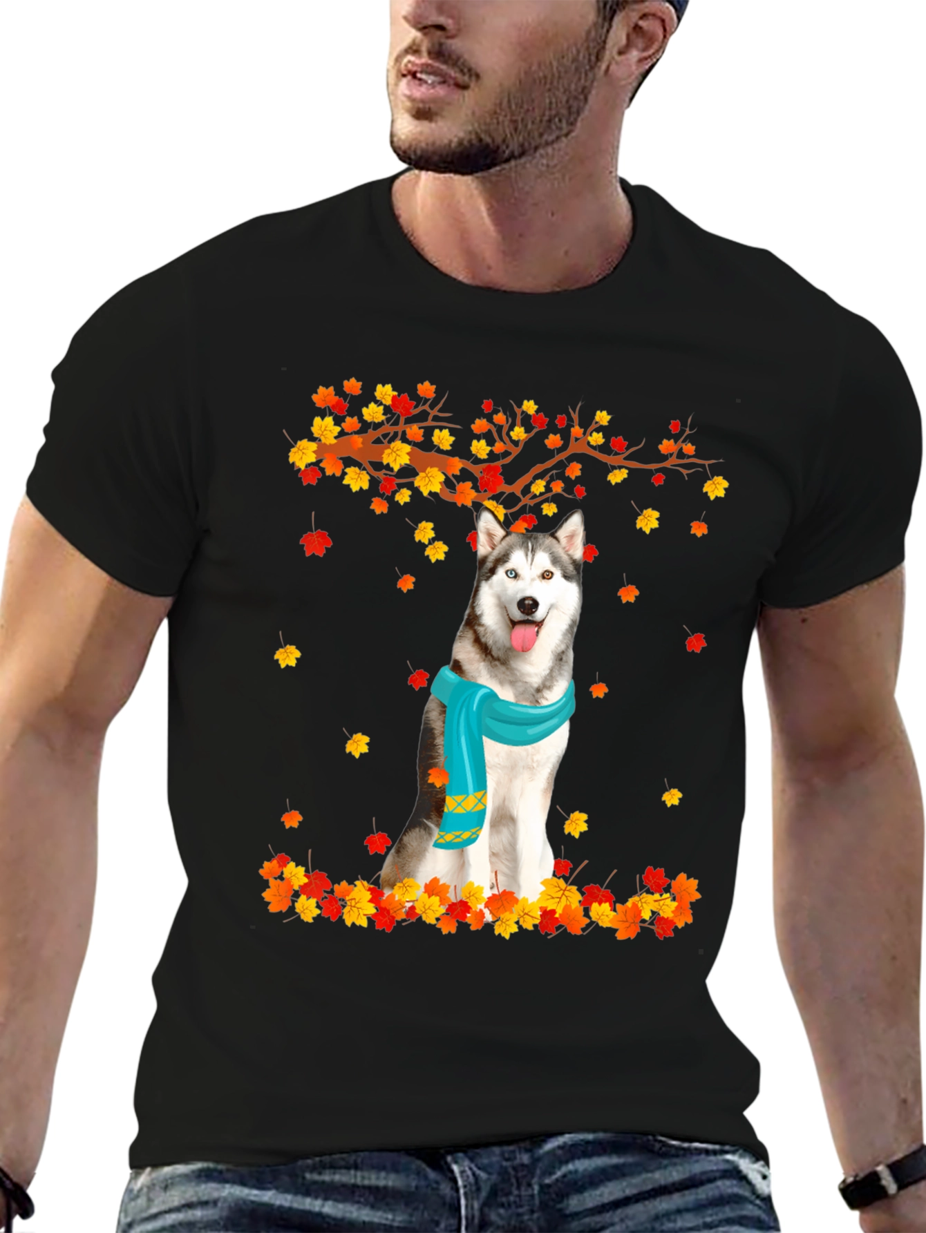 Husky Autumn Leaves Graphic T-Shirt