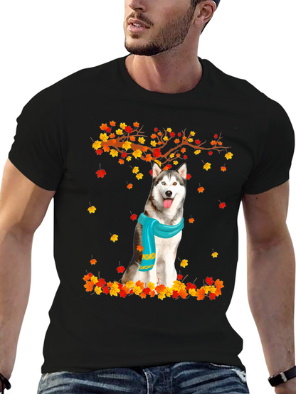 Husky Autumn Leaves Graphic T-Shirt