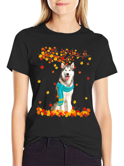 Husky Autumn Leaves Graphic T-Shirt