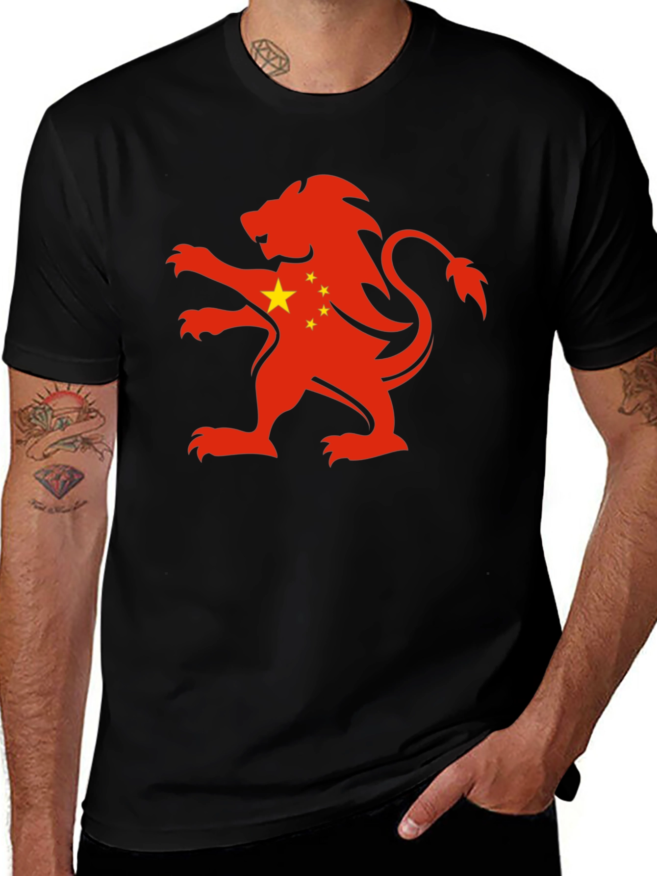 China Flag Lion Graphic Black T-Shirt