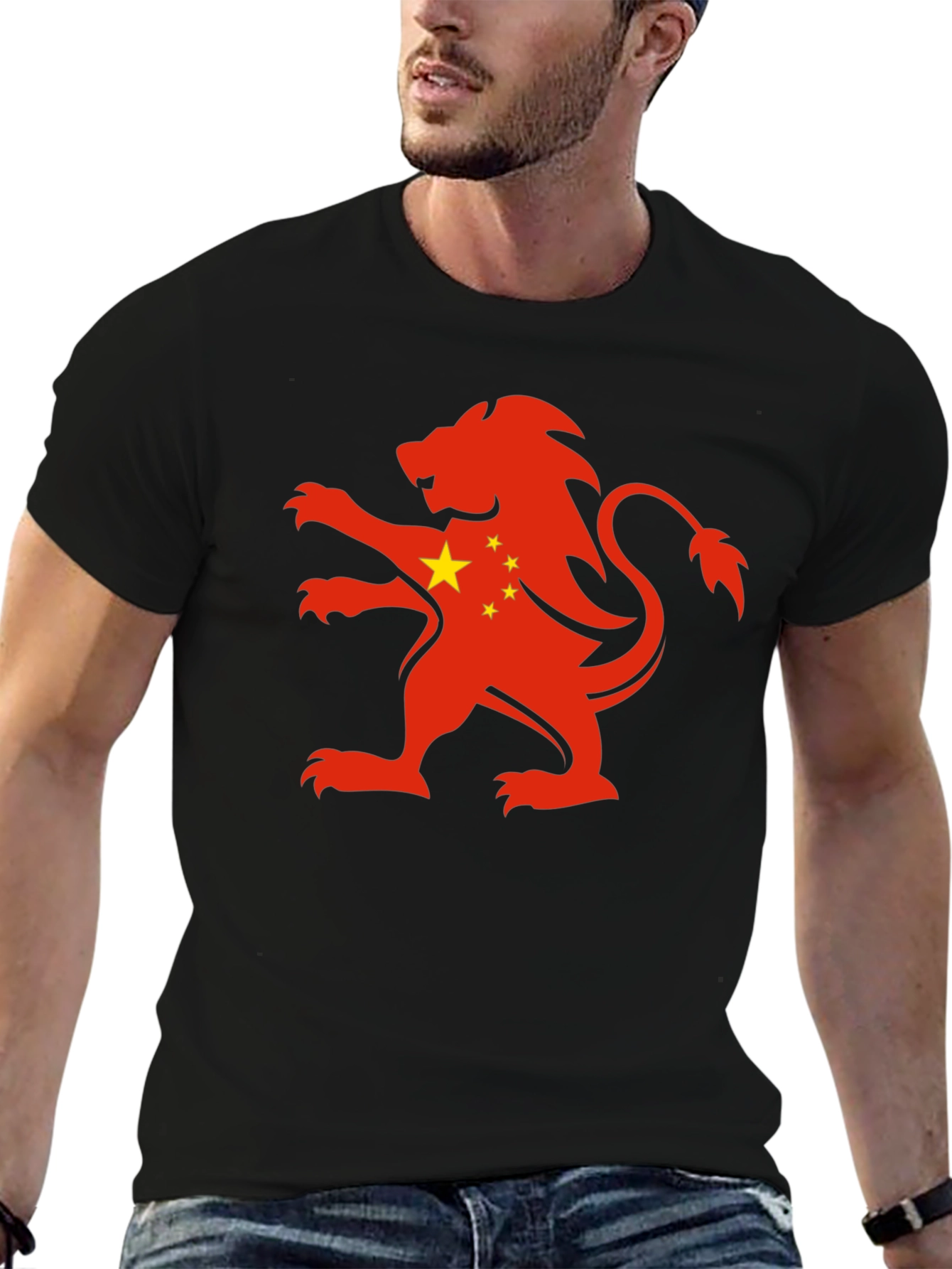 China Flag Lion Graphic Black T-Shirt