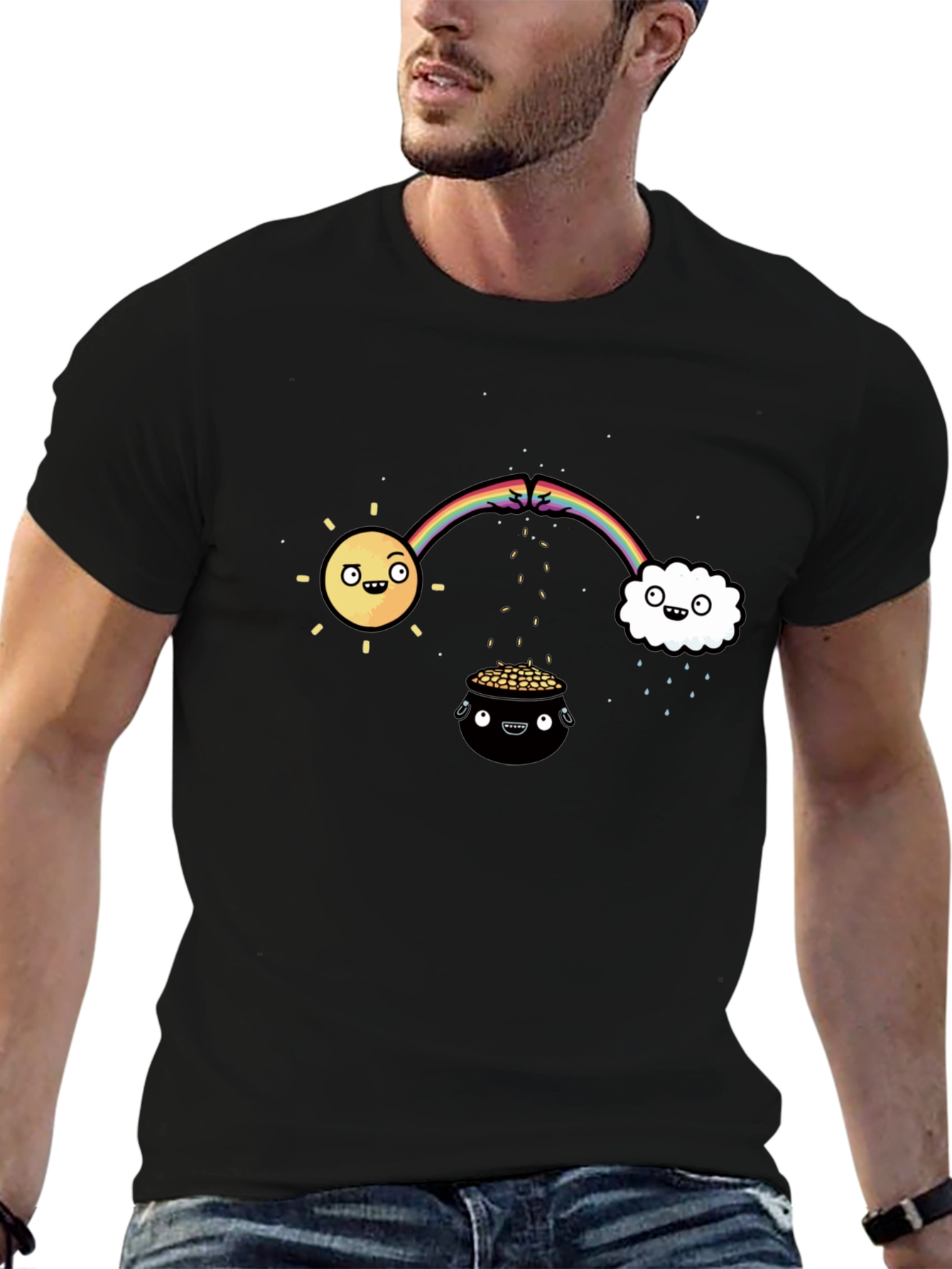 Lucky Black T-Shirt with Rainbow Design