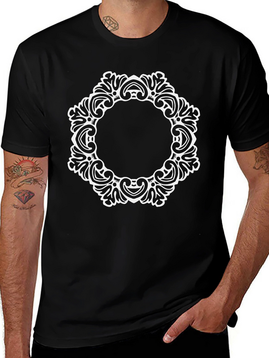 Elegant Black Tee with Ornate White Circle Design