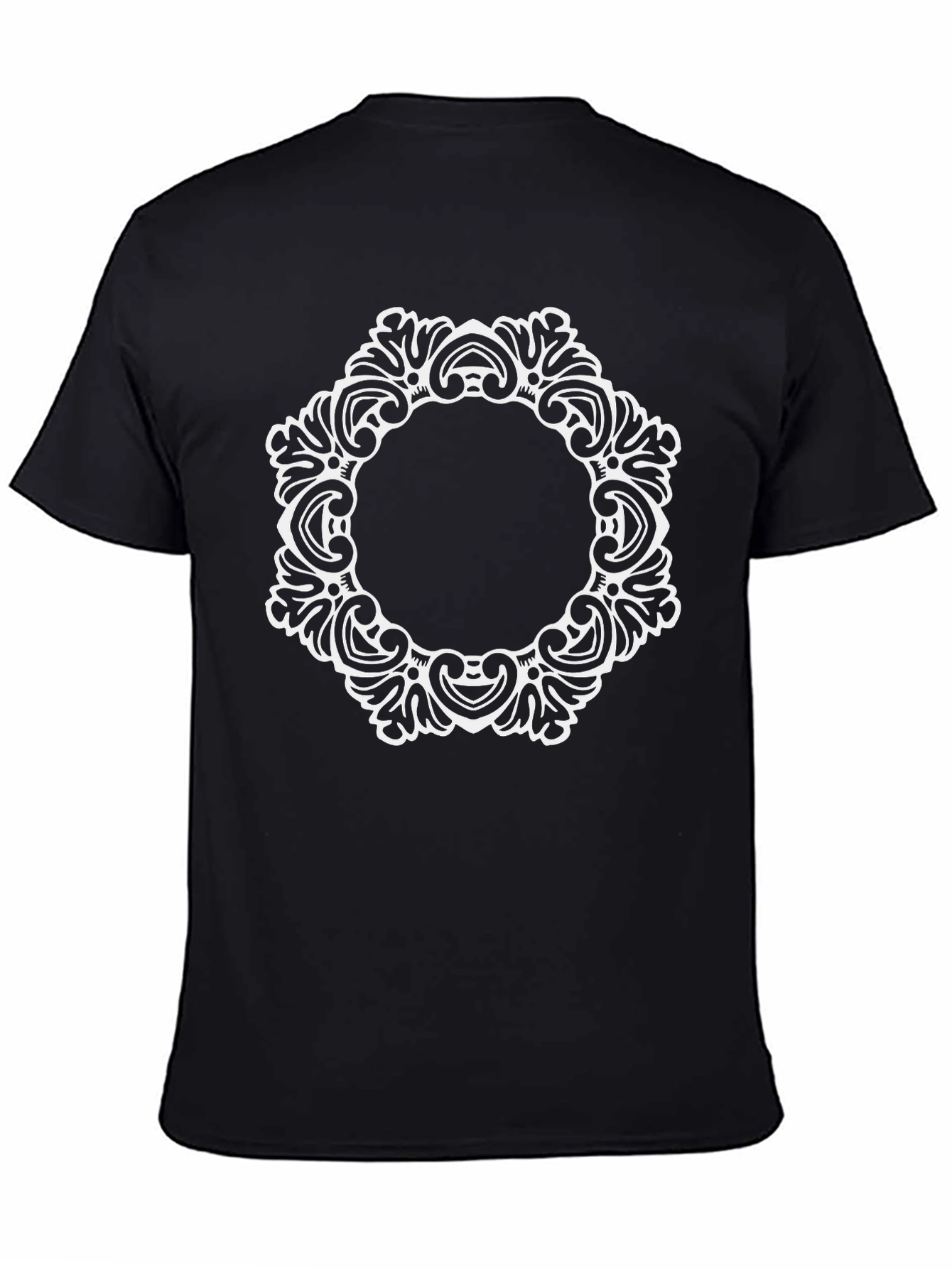 Elegant Black Tee with Ornate White Circle Design