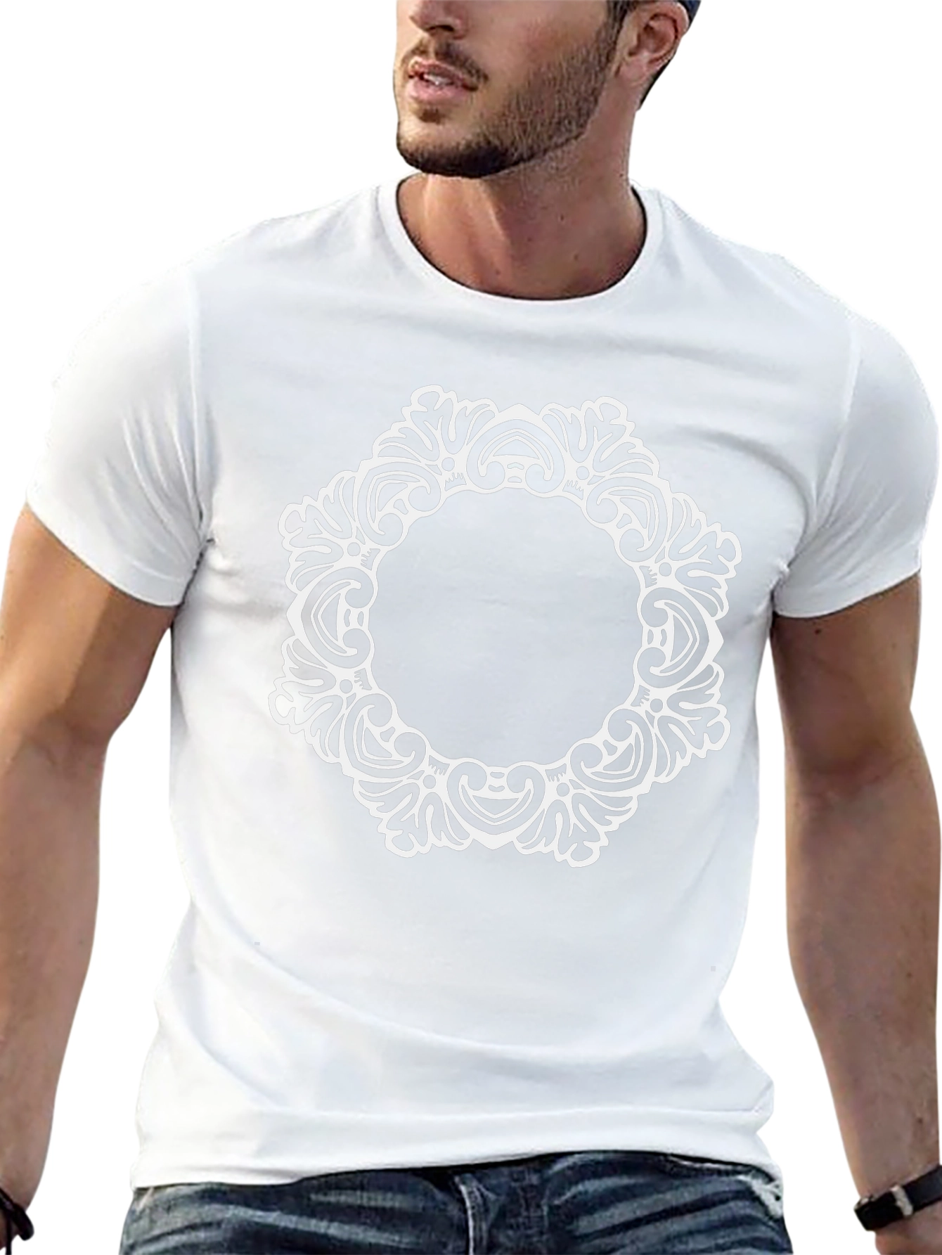 Elegant Black Tee with Ornate White Circle Design