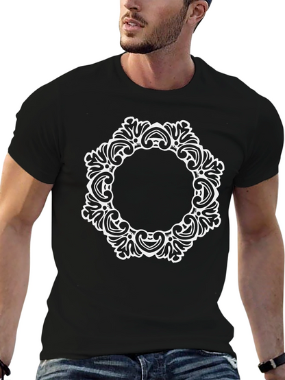 Elegant Black Tee with Ornate White Circle Design