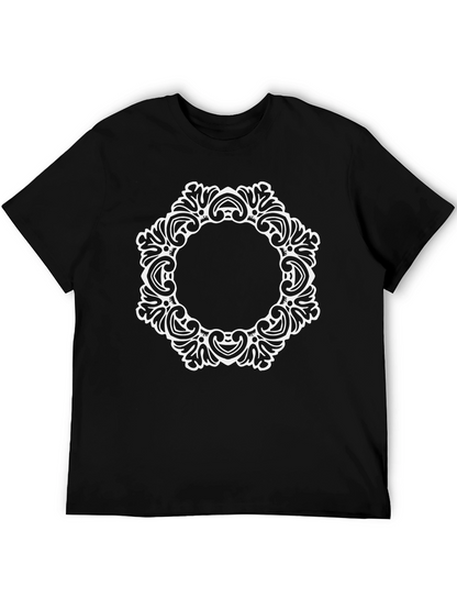 Elegant Black Tee with Ornate White Circle Design
