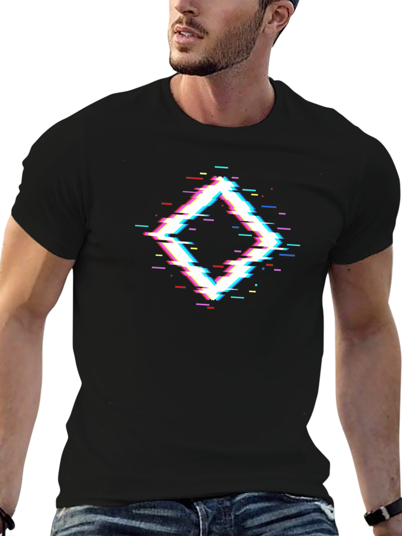 Glitch Diamond Black T-Shirt - Modern Geometric Design