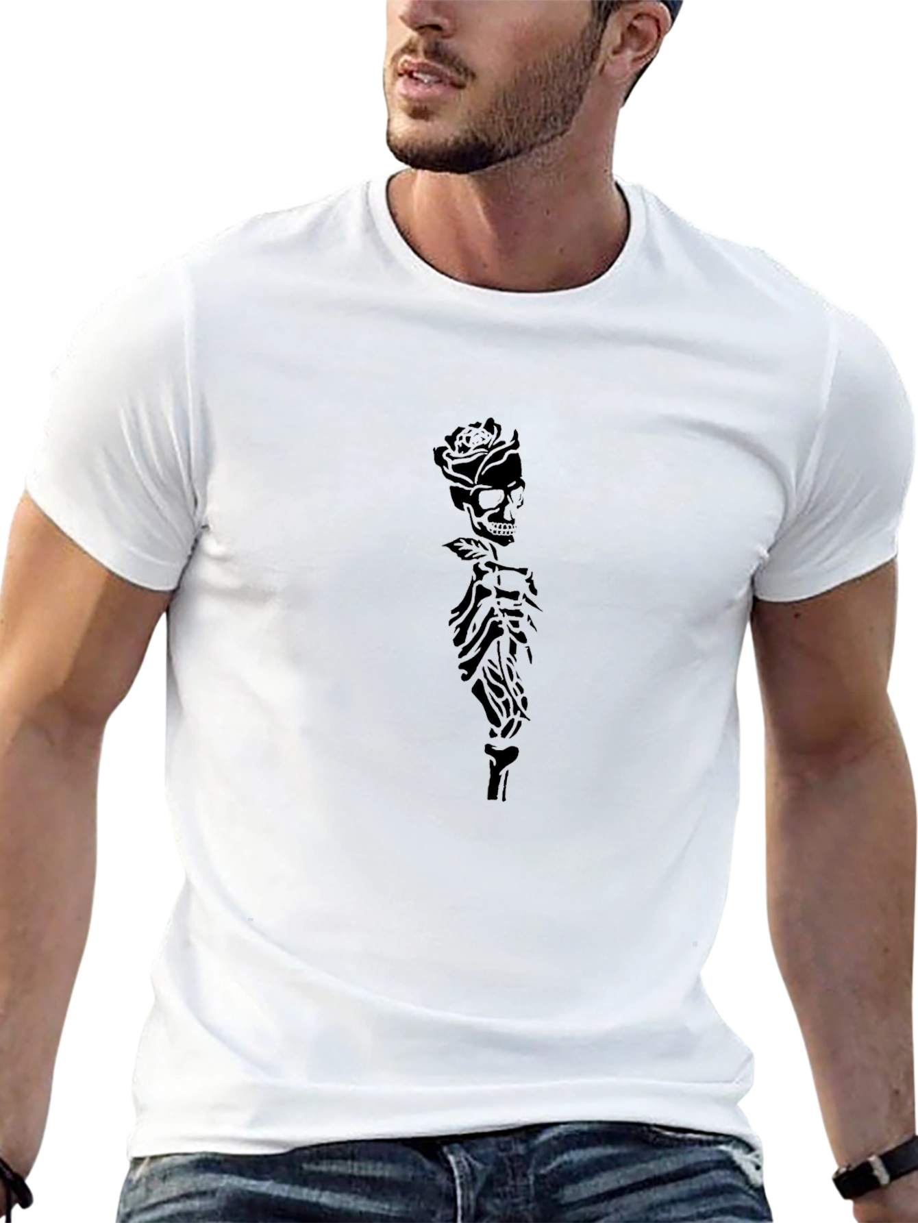 Rose Skull Skeleton Graphic Black T-Shirt