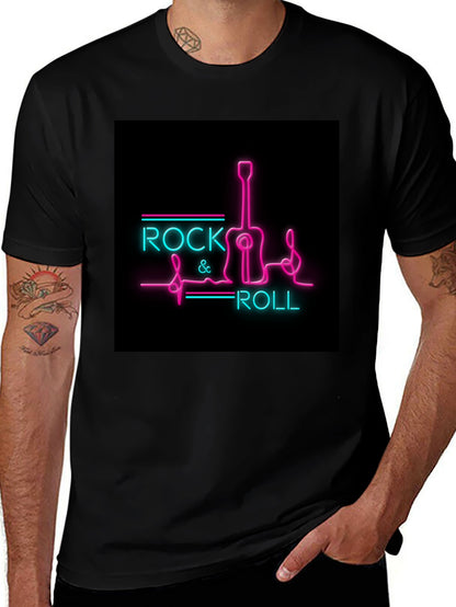 Rock & Roll Guitar Neon Graphic Black T-Shirt