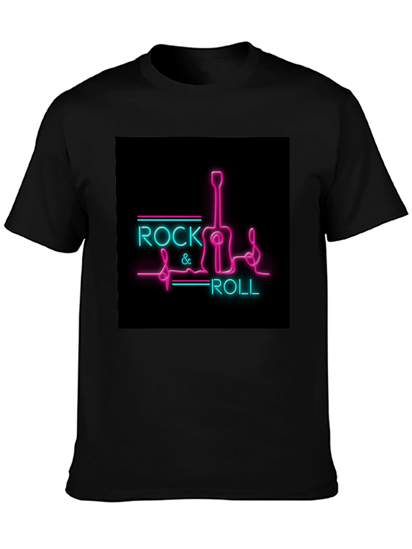 Rock & Roll Guitar Neon Graphic Black T-Shirt