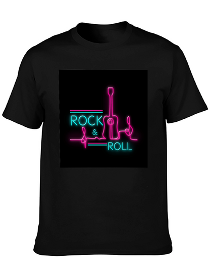 Rock & Roll Guitar Neon Graphic Black T-Shirt