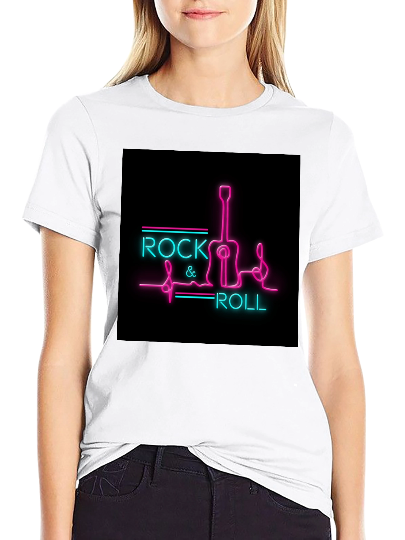 Rock & Roll Guitar Neon Graphic Black T-Shirt