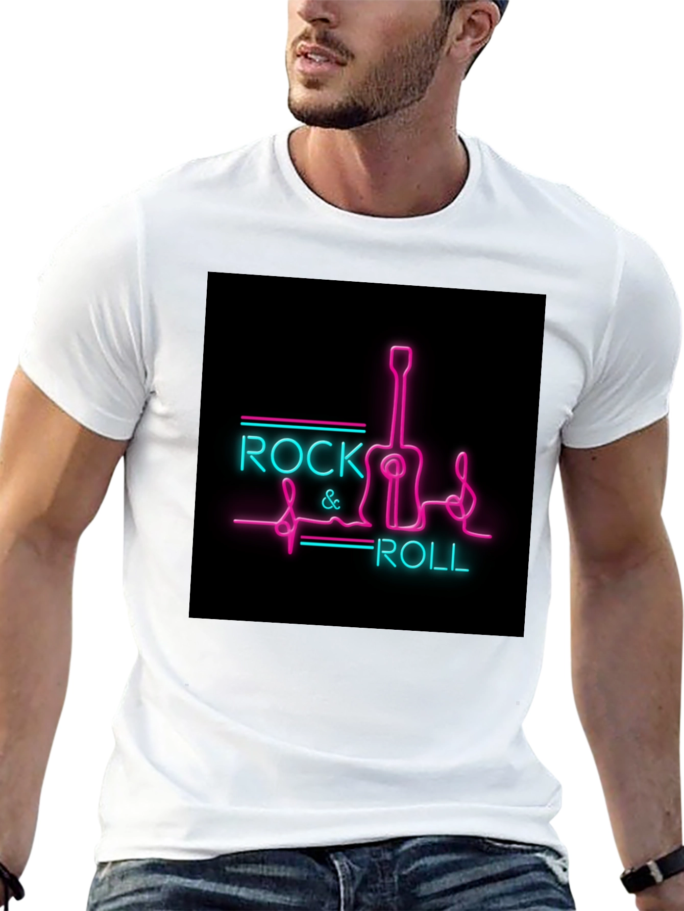 Rock & Roll Guitar Neon Graphic Black T-Shirt