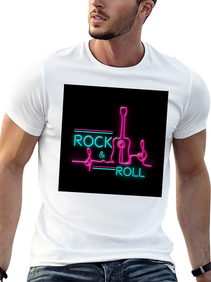 Rock & Roll Guitar Neon Graphic Black T-Shirt