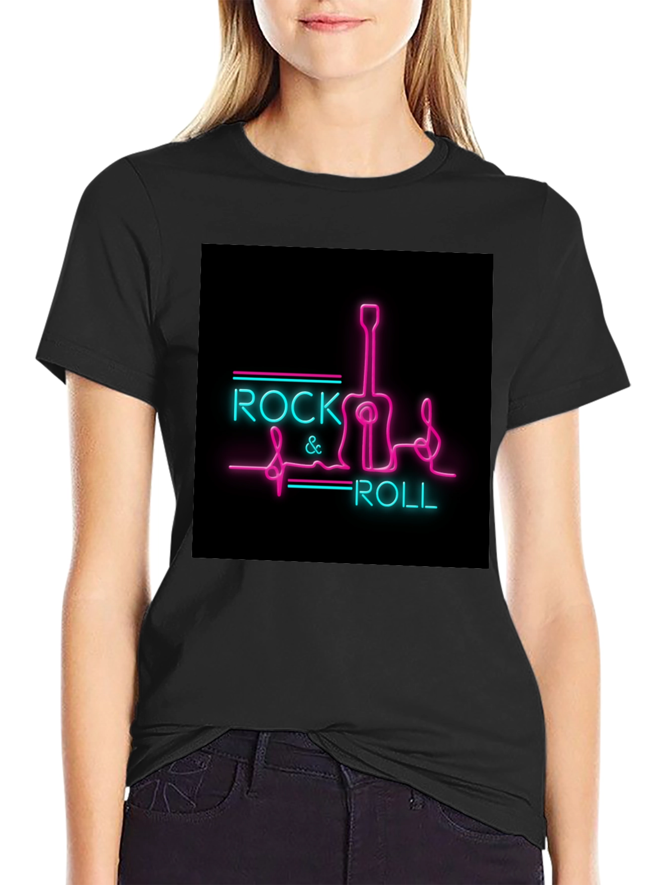 Rock & Roll Guitar Neon Graphic Black T-Shirt