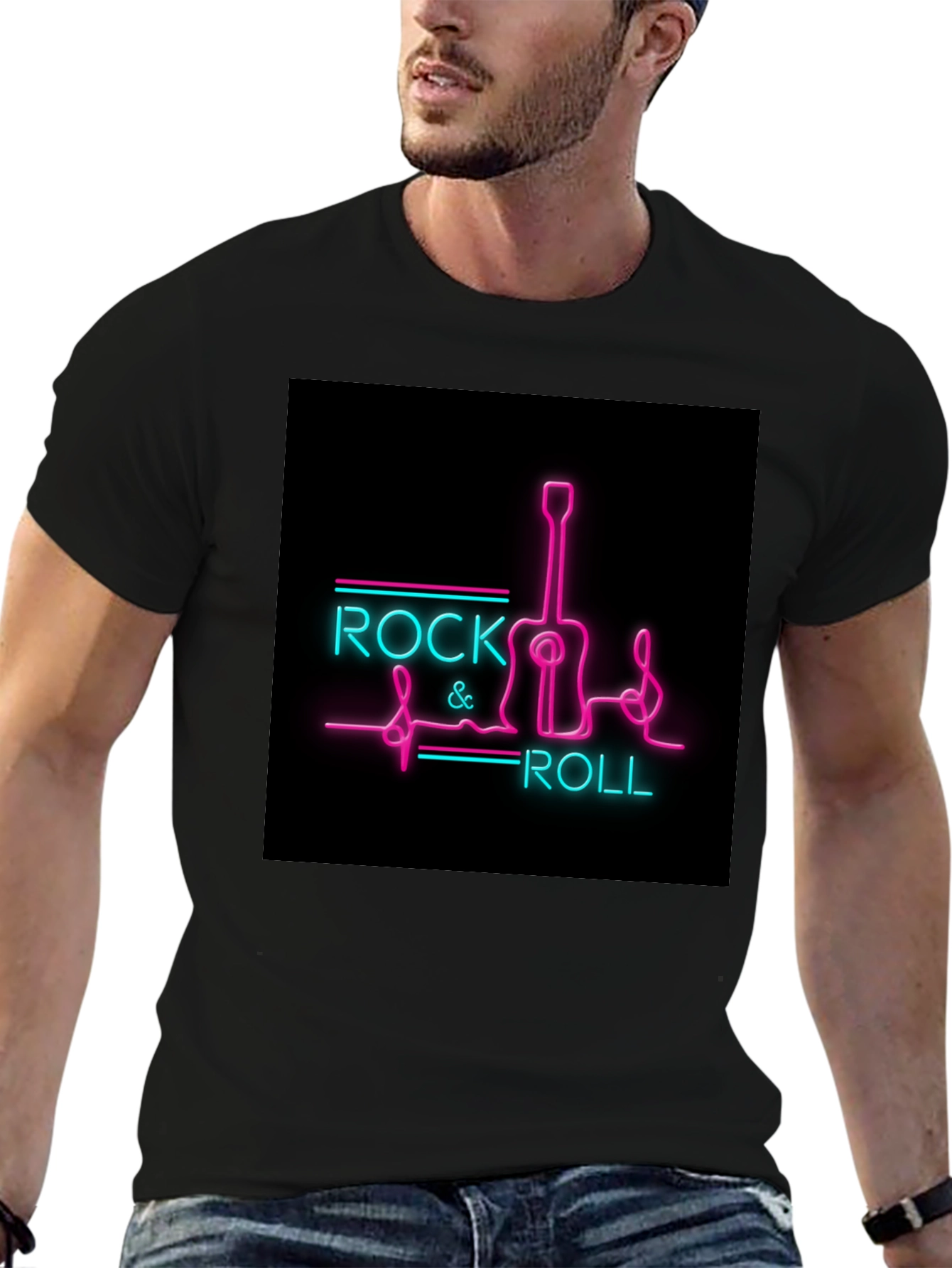 Rock & Roll Guitar Neon Graphic Black T-Shirt