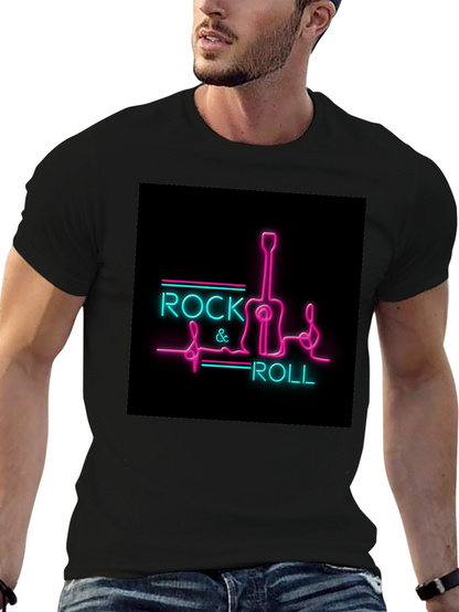 Rock & Roll Guitar Neon Graphic Black T-Shirt