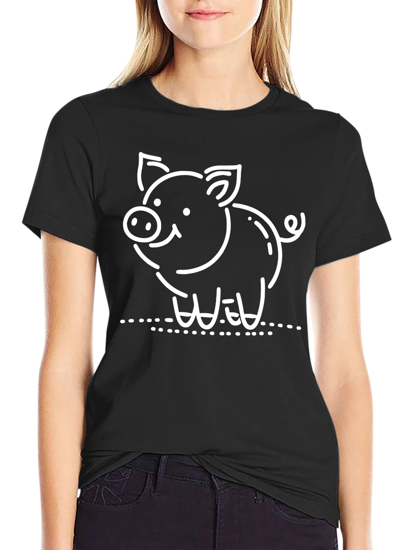 Cute Pig Graphic Black T-Shirt