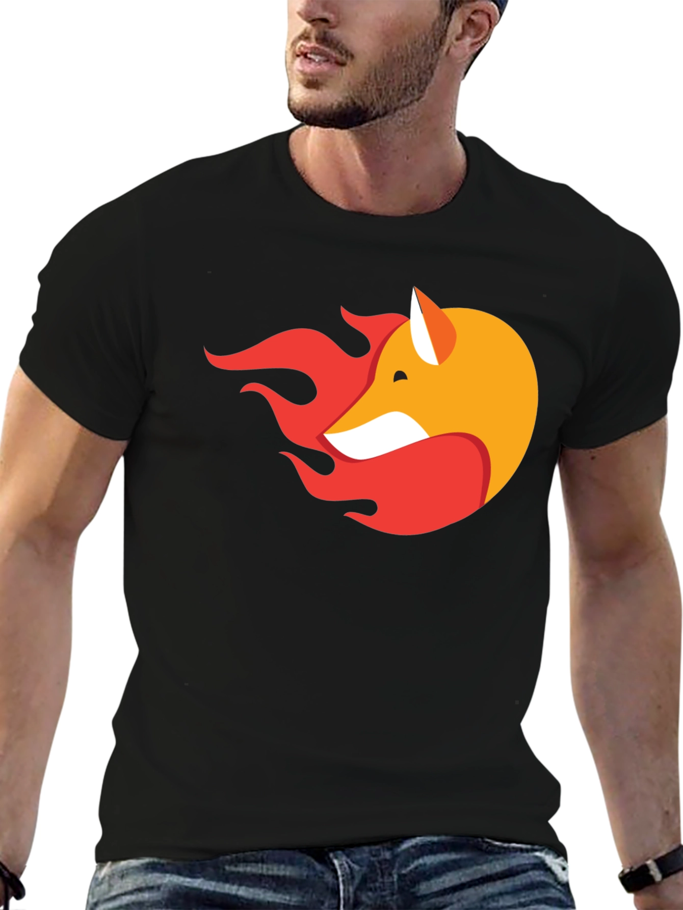 Stylish Black T-Shirt with Fox & Flame Graphic