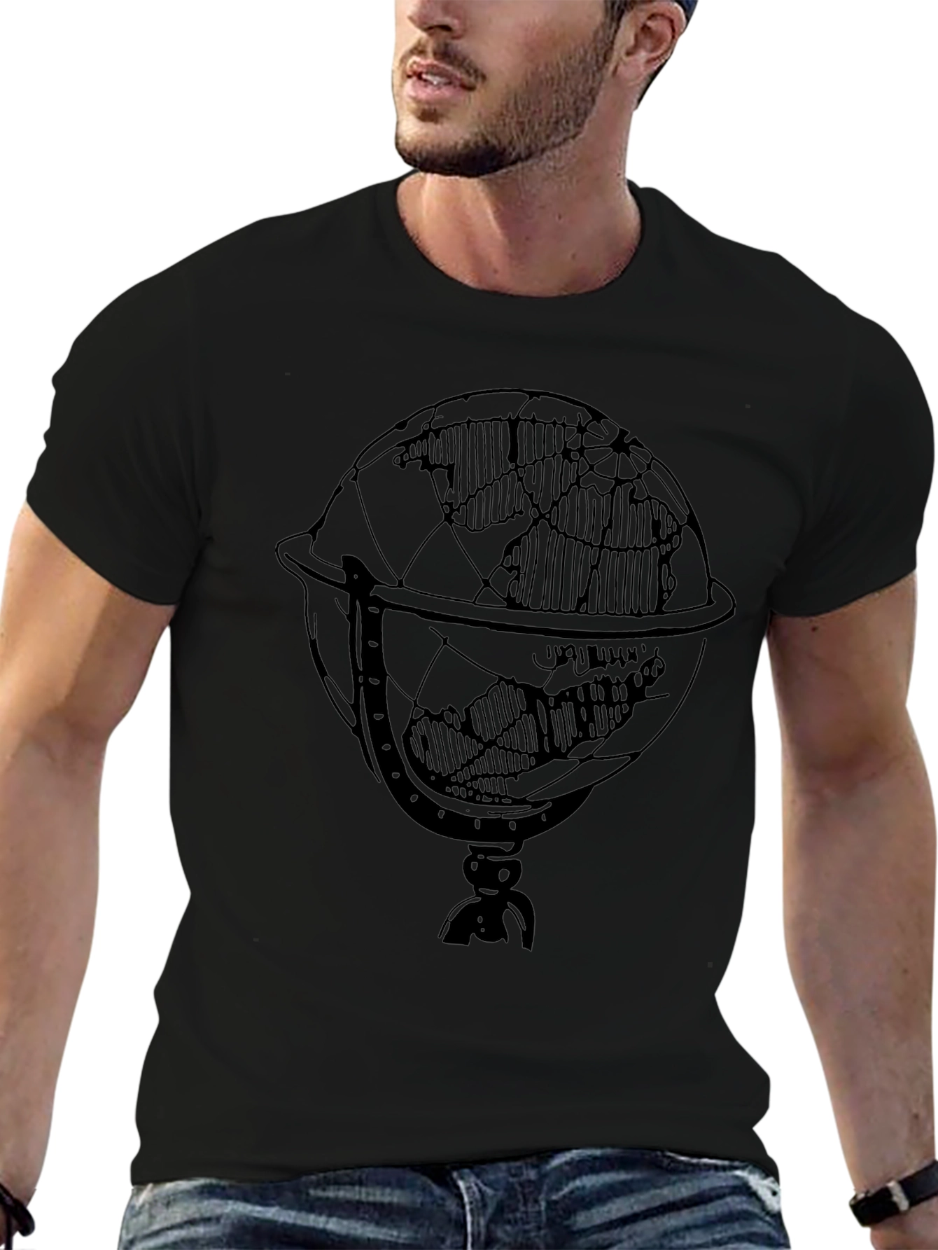 Mens Black T-Shirt with Globe Graphic