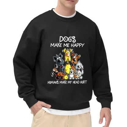 Crewneck Sweatshirt "Dogs Make Me Happy" Graphic - Oversized Casual Long-Sleeve Pullover, Playful Pet-Lover Statement Top for Men