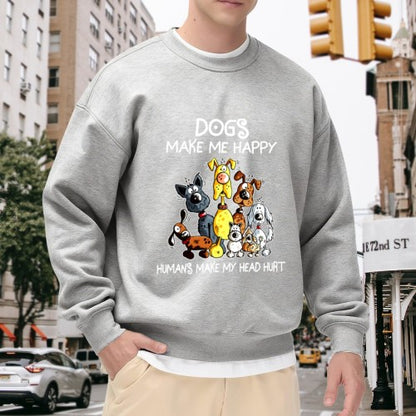 Crewneck Sweatshirt "Dogs Make Me Happy" Graphic - Oversized Casual Long-Sleeve Pullover, Playful Pet-Lover Statement Top for Men