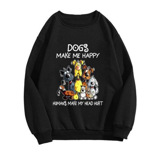 Crewneck Sweatshirt "Dogs Make Me Happy" Graphic - Oversized Casual Long-Sleeve Pullover, Playful Pet-Lover Statement Top for Men