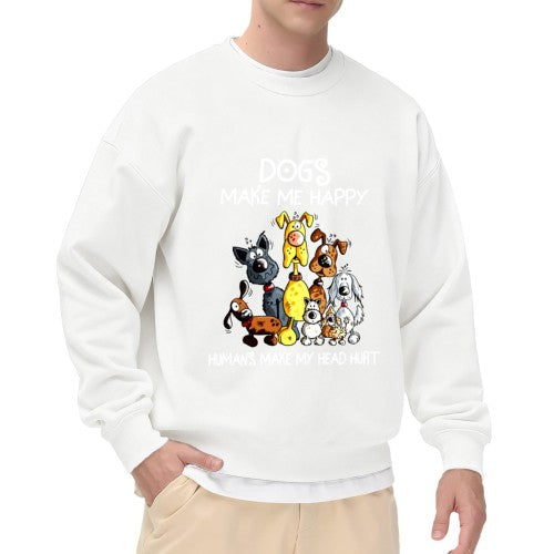 Crewneck Sweatshirt "Dogs Make Me Happy" Graphic - Oversized Casual Long-Sleeve Pullover, Playful Pet-Lover Statement Top for Men
