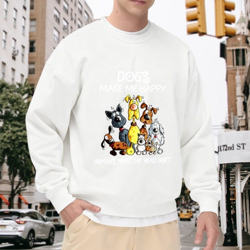 Crewneck Sweatshirt "Dogs Make Me Happy" Graphic - Oversized Casual Long-Sleeve Pullover, Playful Pet-Lover Statement Top for Men