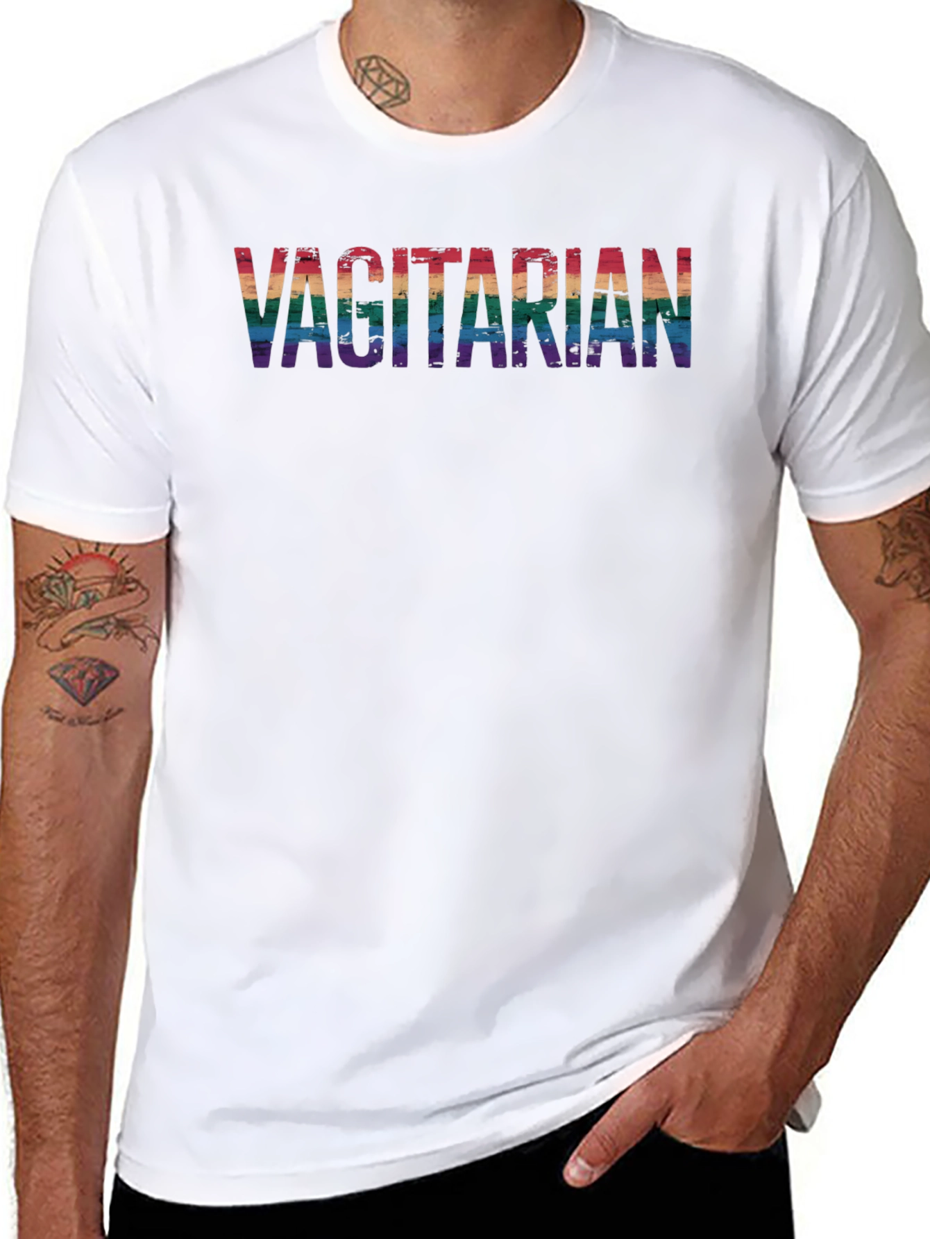 Vagitarian Pride Tee - Rainbow Letters Black Cotton