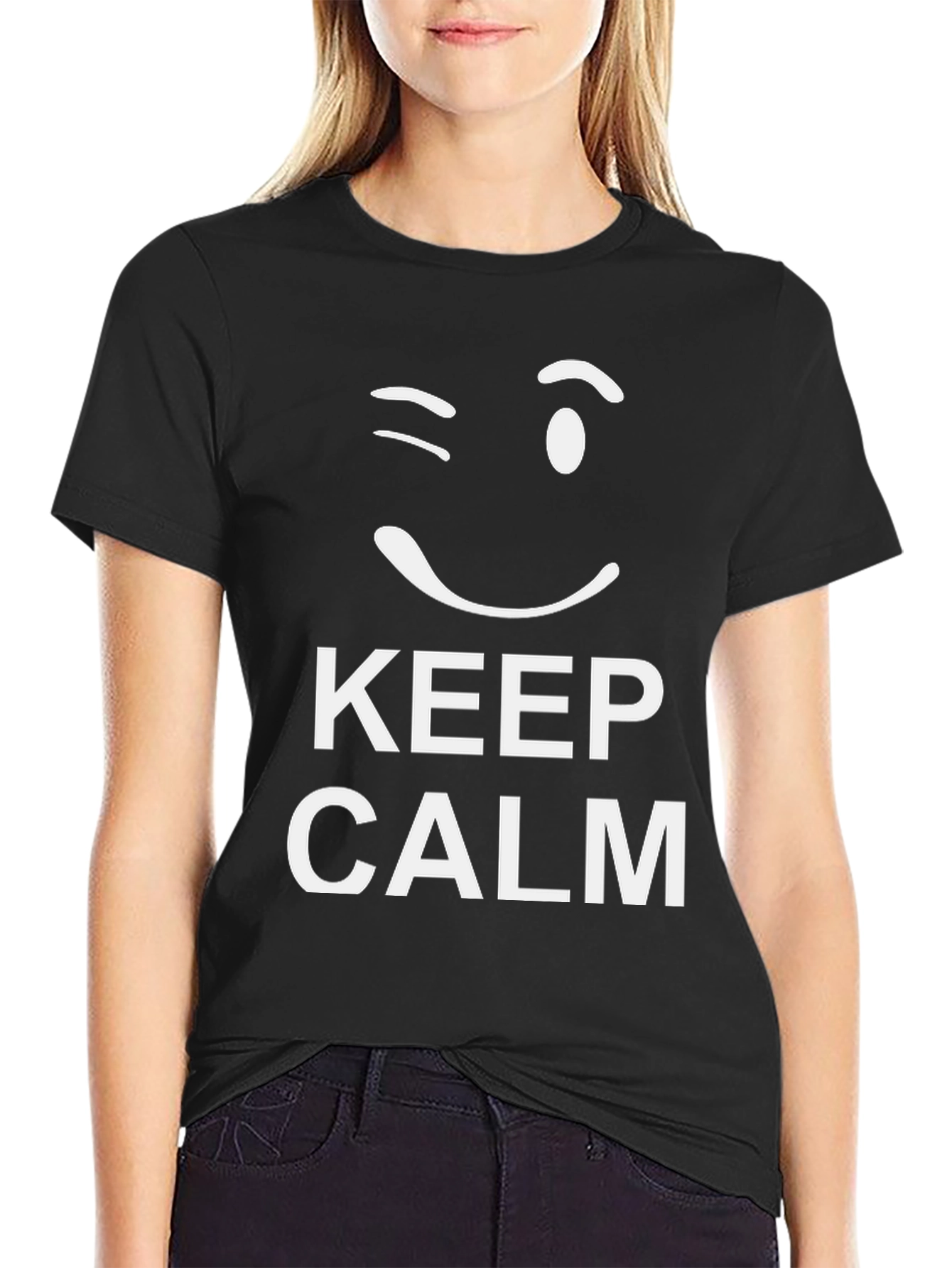 Keep Calm Wink Graphic Tee - Black Cotton T-Shirt