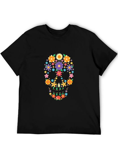Floral Sugar Skull Graphic Black T-Shirt